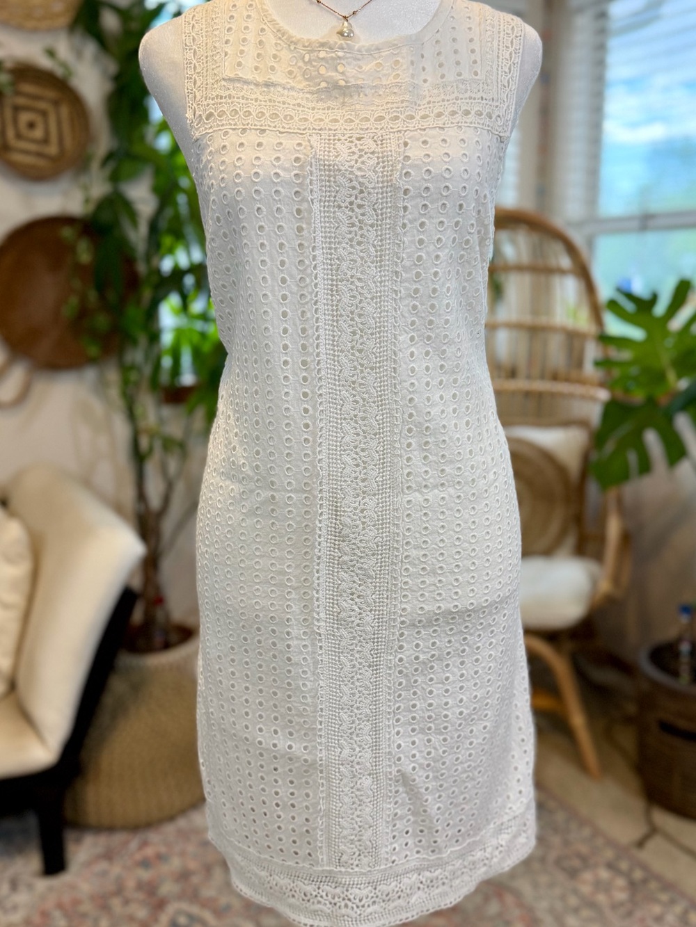 100% Cotton White Eyelet Sundress Romantic Sorority Rush Dress Knee Length - Picture 2 of 9